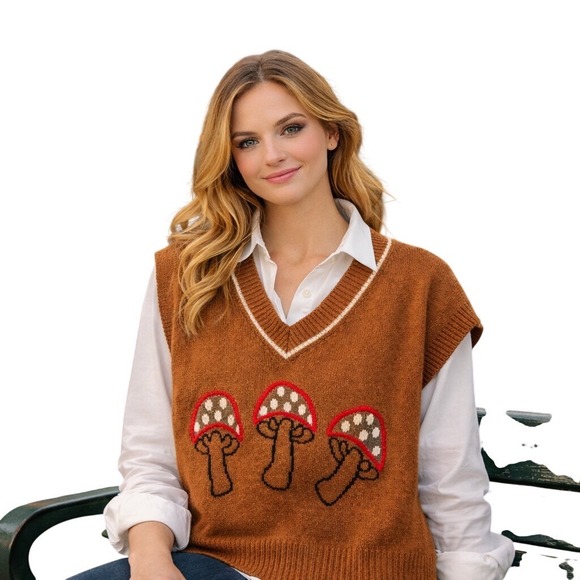Lisa Says Gah Jackets & Blazers - Lisa Says Gah Mushroom Sweater Vest Brown V Neck Sleeveless Knit Top  XS
